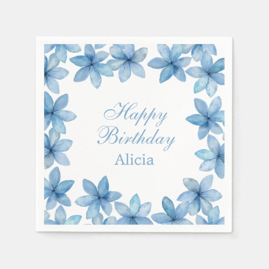 水エレガント色ブルーフラワー任意の年齢誕生日 スタンダードカクテルナプキン (正面)