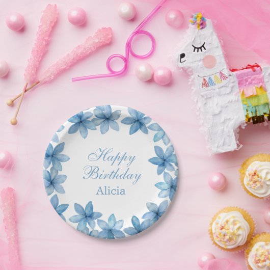 水エレガント色ブルーフラワー任意の年齢誕生日 ペーパープレート (パーティー)