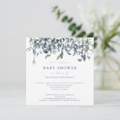 水エレガント色ブルーフローラつる植物ベビーシャワー 招待状 (スタンド正面)