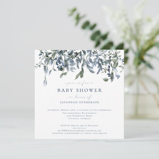 水エレガント色ブルーフローラつる植物ベビーシャワー 招待状 (スタンド正面)