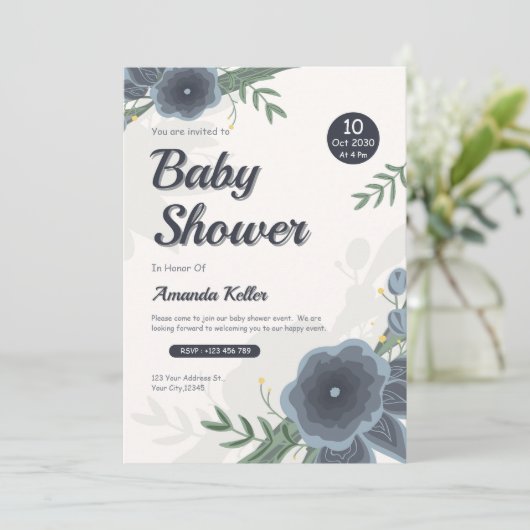 水エレガント色ブルーフローラベビーシャワー 招待状 (スタンド正面)