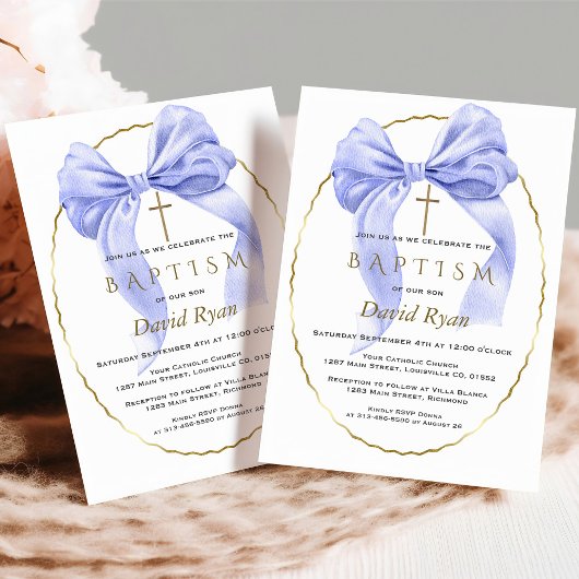 水エレガント色ブルーボウ金ゴールドボーイバプテスマ 招待状