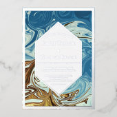 水エレガント色ブルー抽象芸術結婚ズシルバー 箔招待状 (正面)