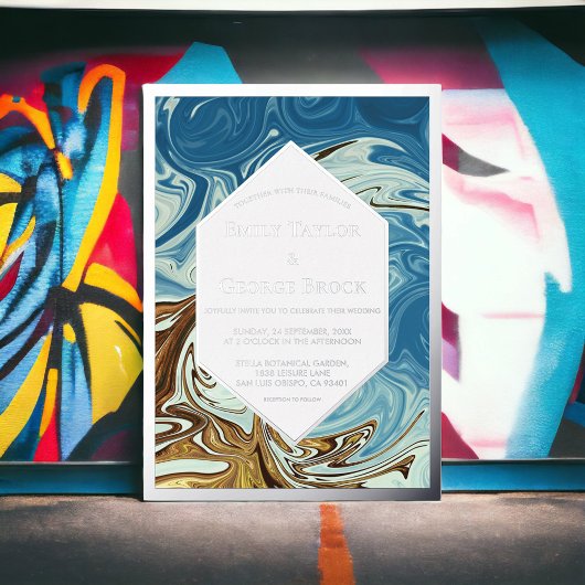 水エレガント色ブルー抽象芸術結婚ズシルバー 箔招待状