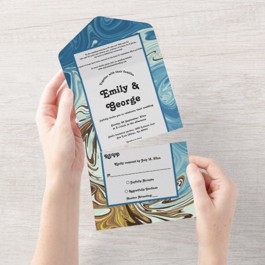 水エレガント色ブルー抽象芸術芸術的結婚ズ オールインワン招待状 (貼ってはがせる)