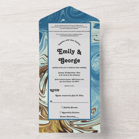 水エレガント色ブルー抽象芸術芸術的結婚ズ オールインワン招待状 (内側)