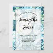 水エレガント色ブルー白フローラ結婚s 招待状 (正面)