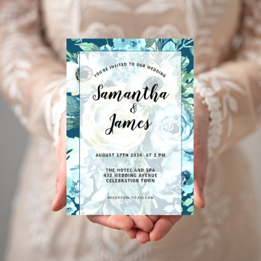 水エレガント色ブルー白フローラ結婚s 招待状