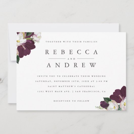 水エレガント色プラムフローラコーナ結婚ーズ 招待状 (正面)