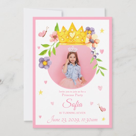 水エレガント色プリンセスフォトバースデーパーティー 招待状 (正面)