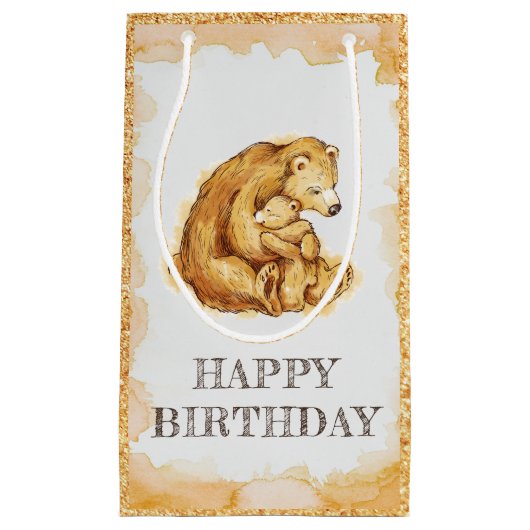 水エレガント色ベアハッピーバースデー スモールペーパーバッグ (正面)