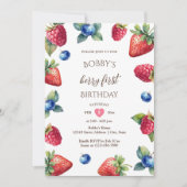 水エレガント色ベビーガールベリーファースト誕生日 招待状 (正面)