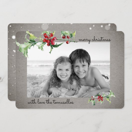 水エレガント色ホリーベリーのスクリプトフォト シーズンカード (正面/裏面)