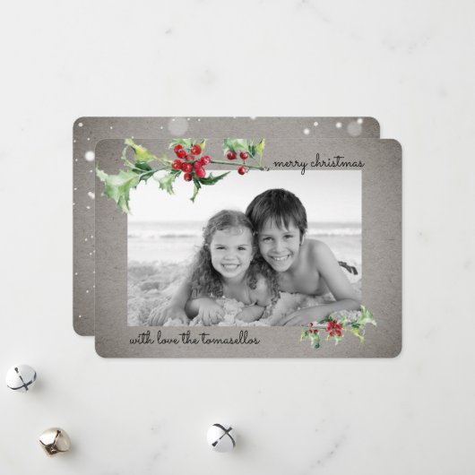 水エレガント色ホリーベリーのスクリプトフォト シーズンカード (正面/裏面インサイチュ)