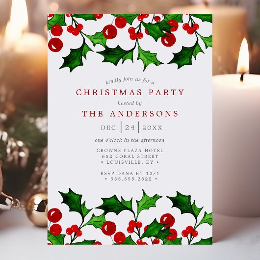 水エレガント色ホリーベリークリスマスパーティー 招待状