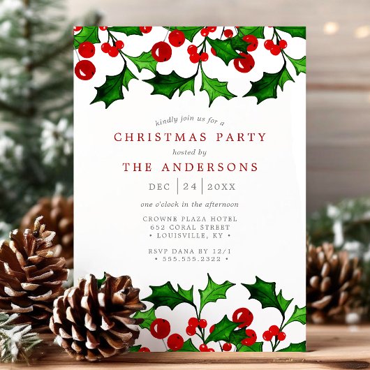 水エレガント色ホリーベリークリスマスパーティー 招待状