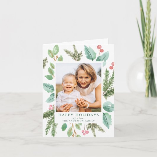 水エレガント色ホリーベリー&グリーンリー写真 シーズンカード (正面)