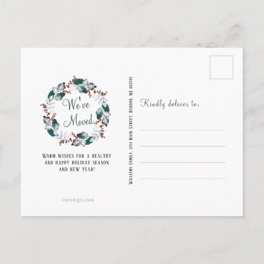 水エレガント色ホリーリースクリスマスムービング 案内ポストカード (裏面)