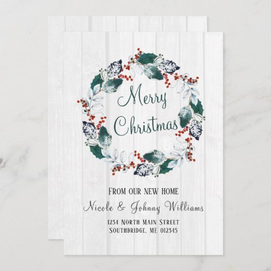 水エレガント色ホリーリースクリスマスムービング 案内状 (正面/裏面)