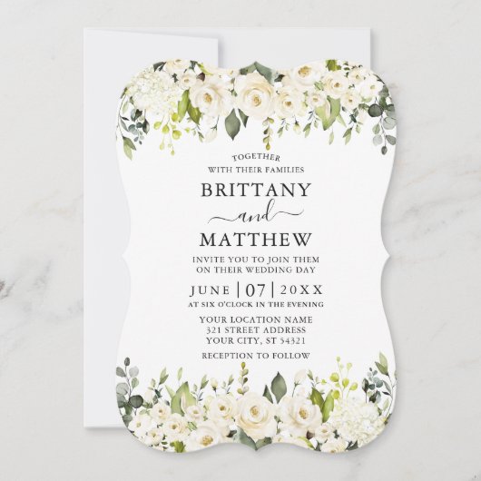 水エレガント色ホワイトフローラセージ緑結婚の 招待状 (正面)