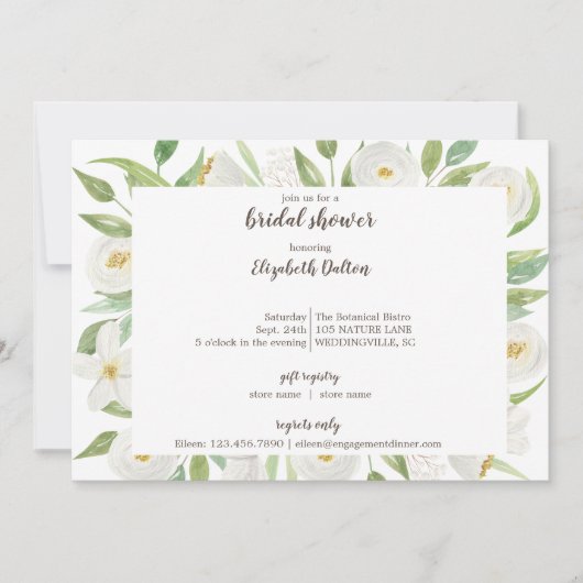 水エレガント色ホワイトフローラブライダルシャワー 招待状 (正面)