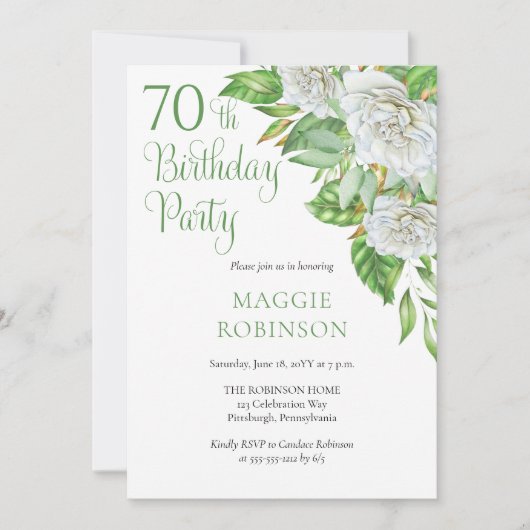 水エレガント色ホワイトローズ70thバースデーパーティー 招待状 (正面)