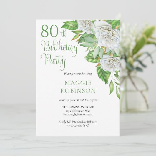 水エレガント色ホワイトローズ80thバースデーパーティー 招待状 (スタンド正面)
