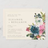 水エレガント色ボホピンクネイビー結婚ズ 招待状