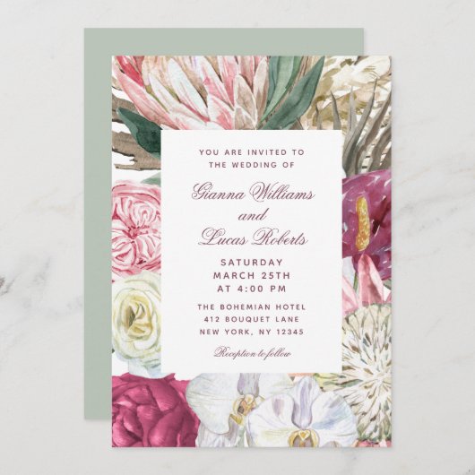 水エレガント色ボホフローラカントリーウェディング 招待状 (正面/裏面)