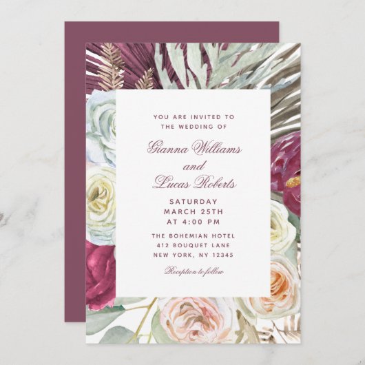 水エレガント色ボホフローラカントリーウェディング 招待状 (正面/裏面)