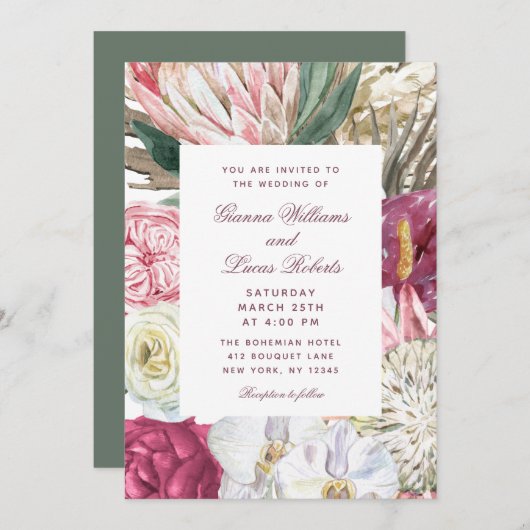 水エレガント色ボホフローラカントリーウェディング 招待状 (正面/裏面)