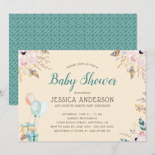 水エレガント色ボホベイビーシャワー 招待状 (正面/裏面)