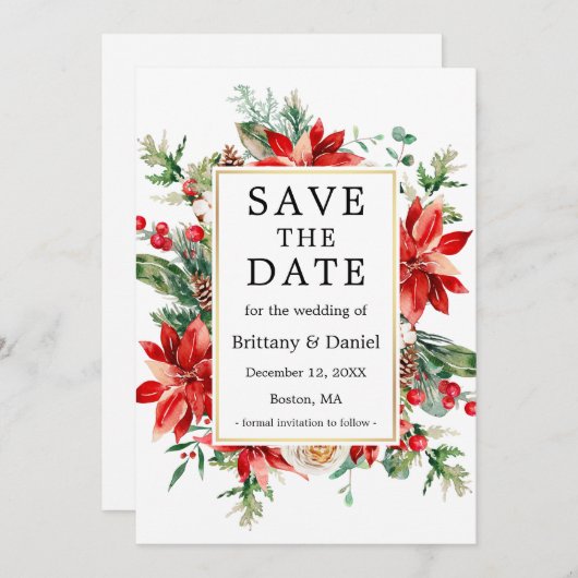 水エレガント色ポインセチアフローラ緑 セーブザデート (正面/裏面)