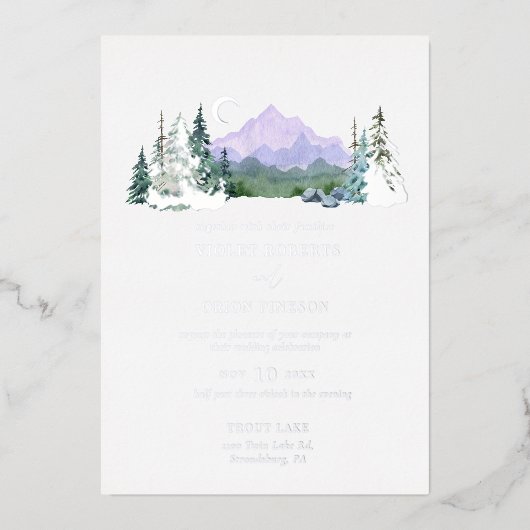 水エレガント色マウンテン結婚ズシルバー 箔招待状 (正面)
