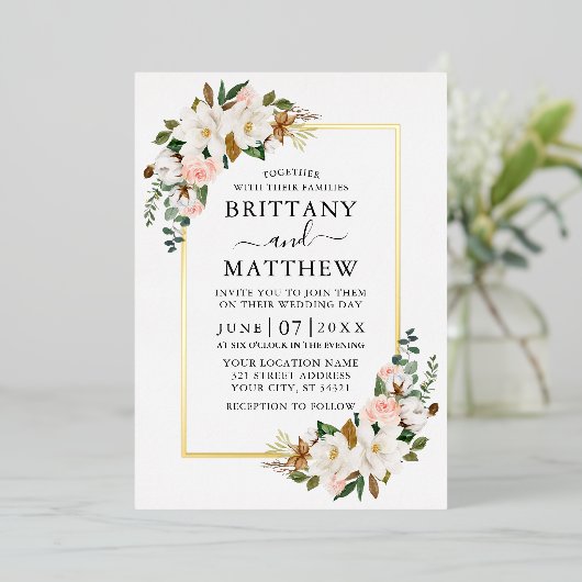 水エレガント色マグノリアバラ結婚ズ金ゴールド 箔招待状 (立ち正面)