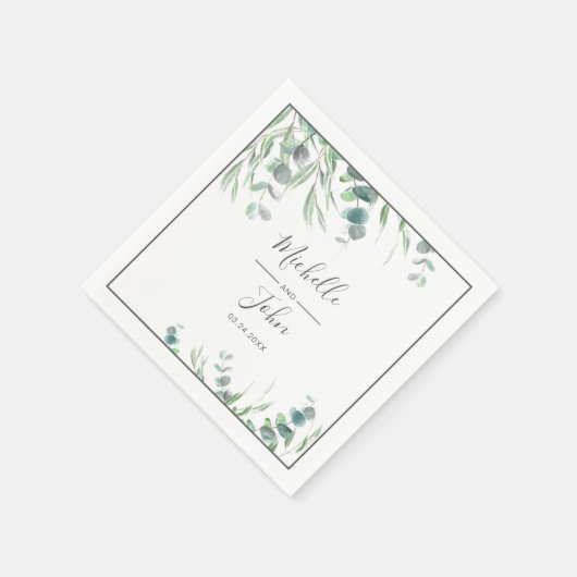 水エレガント色ユーカリの葉名結婚の スタンダードカクテルナプキン (角)