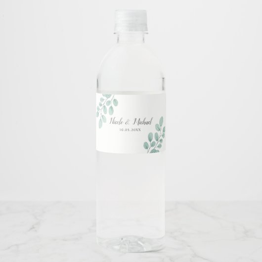 水エレガント色ユーカリパーソナライズされた結婚ス ペットボトルラベル (正面)