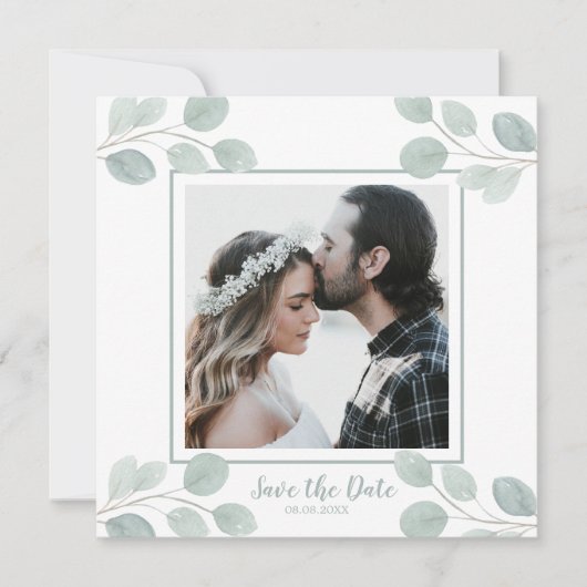 水エレガント色ユーカリプタス枝の保存日付 招待状 (正面)