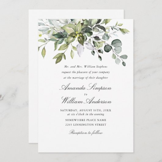 水エレガント色ユーカリプトゥスボヘミアン結婚ズ 招待状 (正面/裏面)