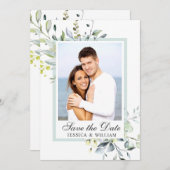 水エレガント色ユーカリ光結婚の セーブザデート (正面/裏面)