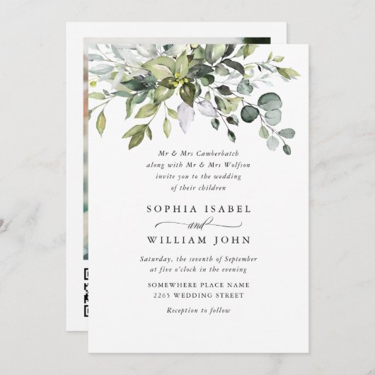 水エレガント色ユーカリ写真結婚QR 招待状 (正面/裏面)