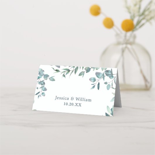 水エレガント色ユーカリ結婚のテーブル プレイスカード (裏面)