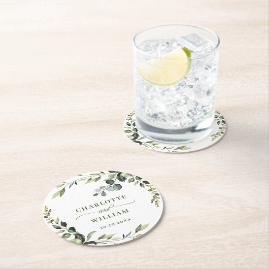 水エレガント色ユーカリ結婚の丸 ラウンドペーパーコースター (インサイチュ)