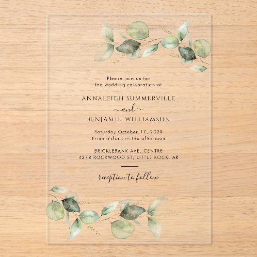水エレガント色ユーカリ結婚ス アクリル招待状 (正面)