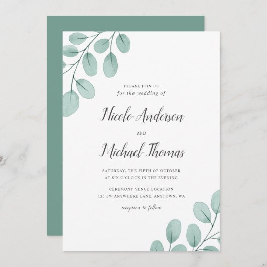 水エレガント色ユーカリ結婚ス 招待状 (正面/裏面)