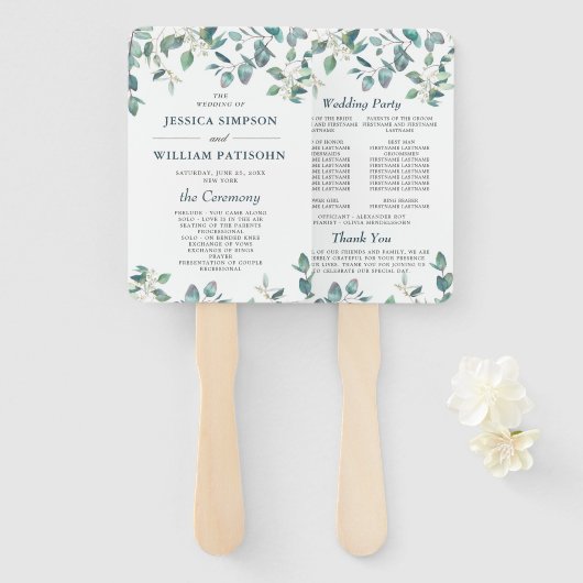 水エレガント色ユーカリ結婚式 プログラム ハンドファン (正面&裏面)