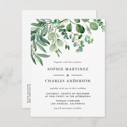 水エレガント色ユーカリ緑結婚草 インビテーションポストカード (正面/裏面)