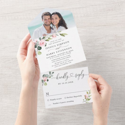 水エレガント色ユーカリ緑結婚草 オールインワン招待状 (貼ってはがせる)