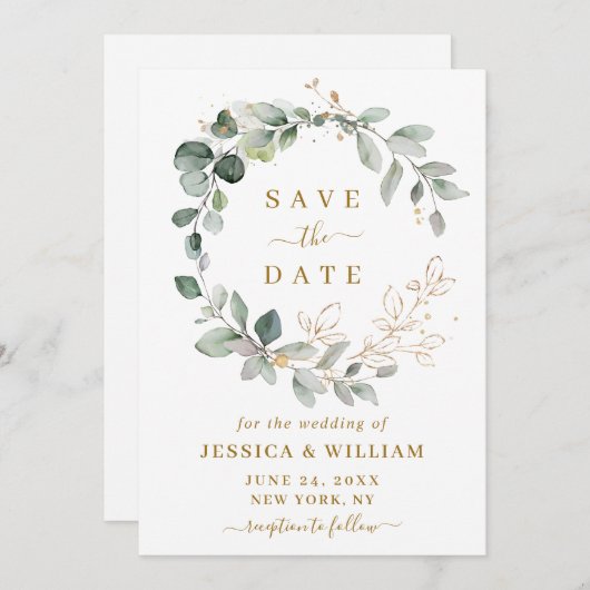 水エレガント色ユーカリ緑結婚草 セーブザデート (正面/裏面)