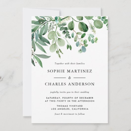 水エレガント色ユーカリ緑結婚草 招待状 (正面)